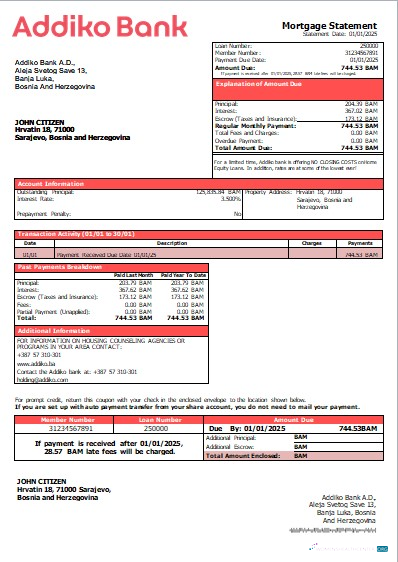 Download Bosnia and Herzegovina Addiko bank mortgage statement scr Photoshop template